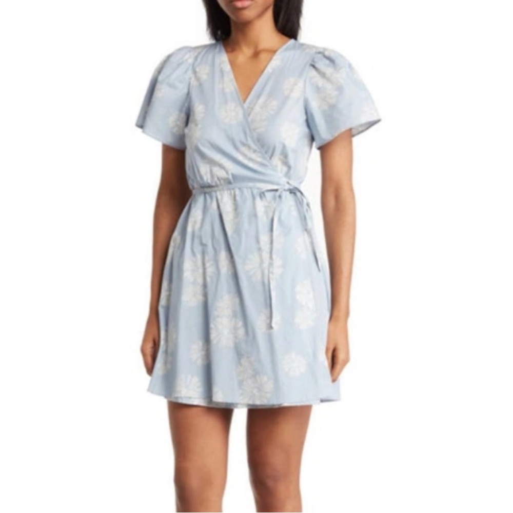 Madewell Light Blue Floral Print Wrap Mini Dress - Large